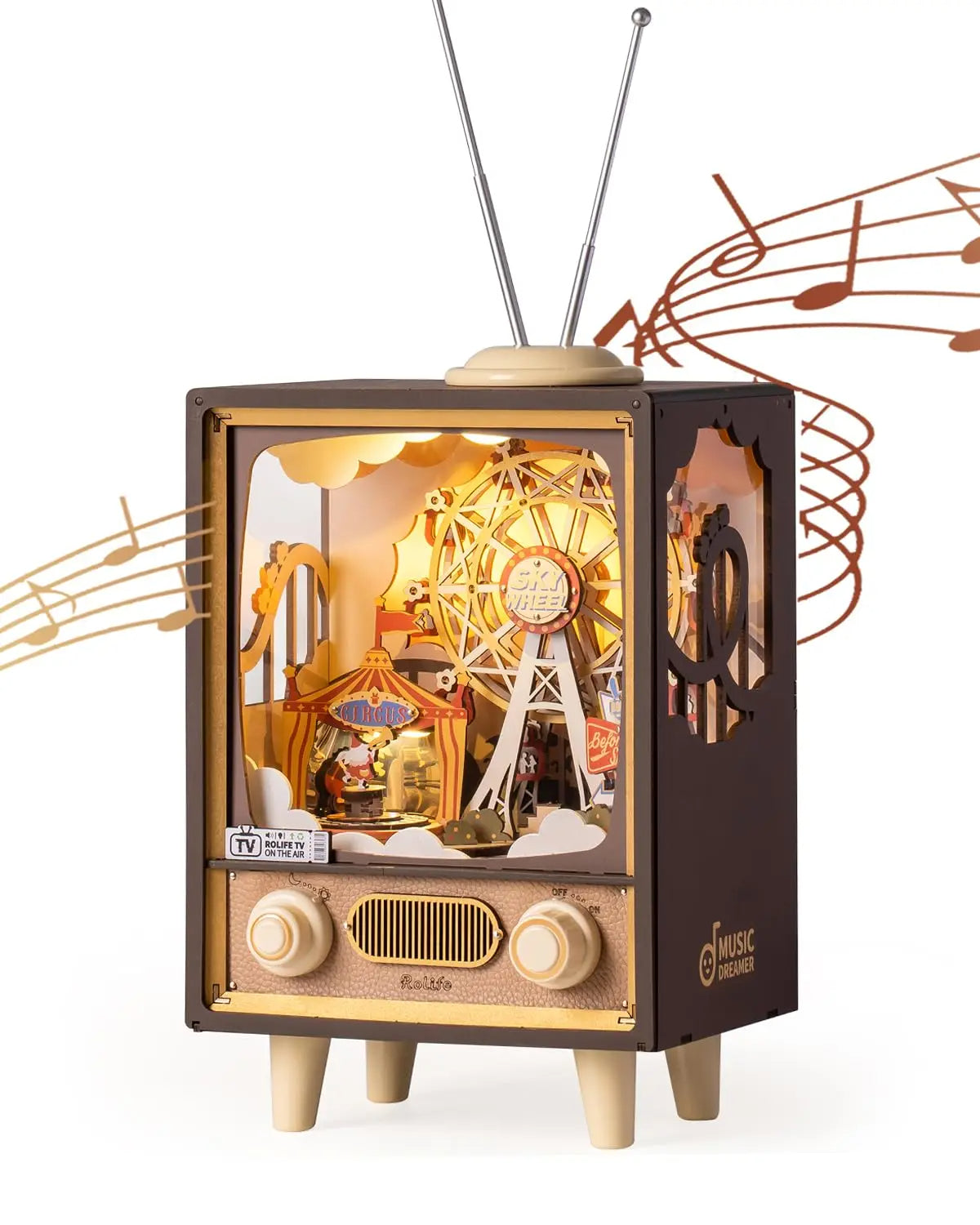 Vintage-style toy television with a Ferris wheel model inside, on a white background.