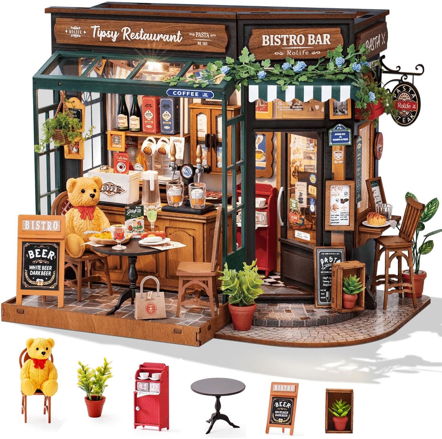 Miniature model of a bistro bar with a teddy bear and various items.