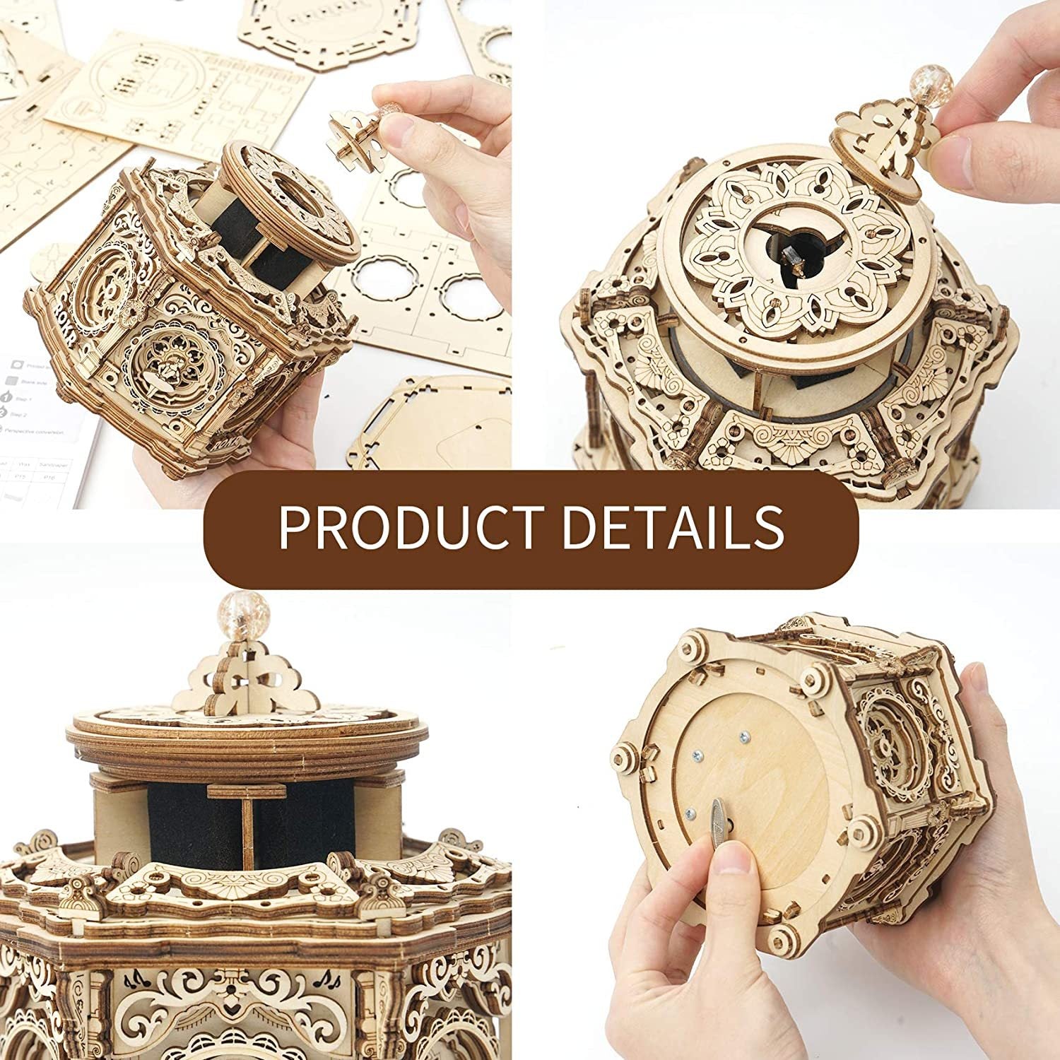 Wooden mechanical model with intricate details, held by hands, on a white background.