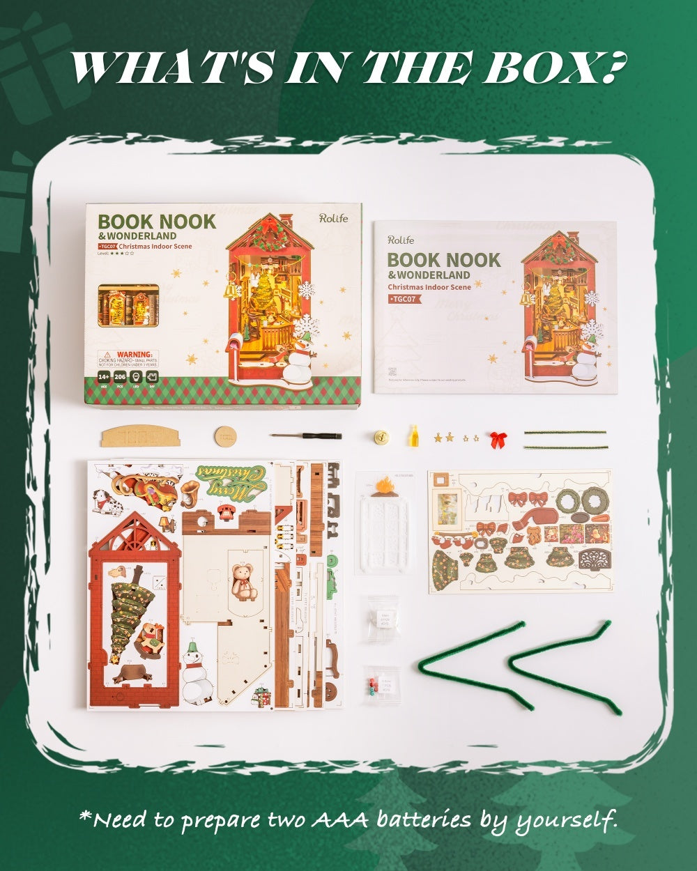 Unopened packaging of a stationery set with 'Book Nook & Wonderland' theme on a green background.