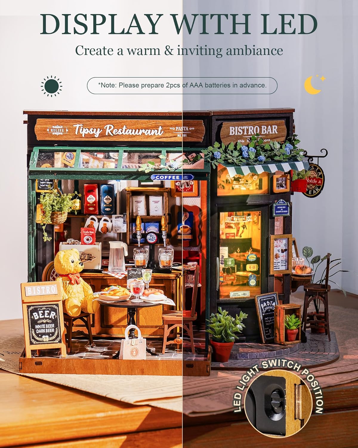 Model of a bistro bar with LED lights, featuring 'Tipsy Restaurant' and 'Bistro Bar' signs.
