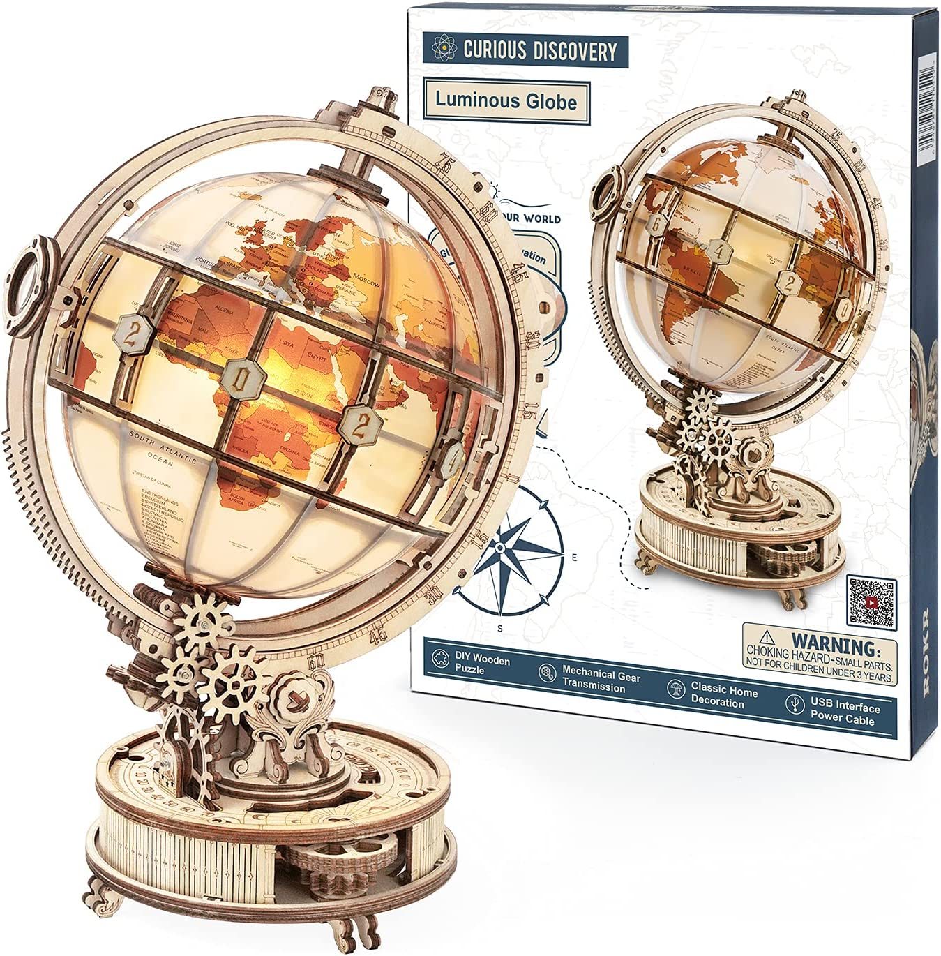 Luminous globe with mechanical design and packaging on a white background
