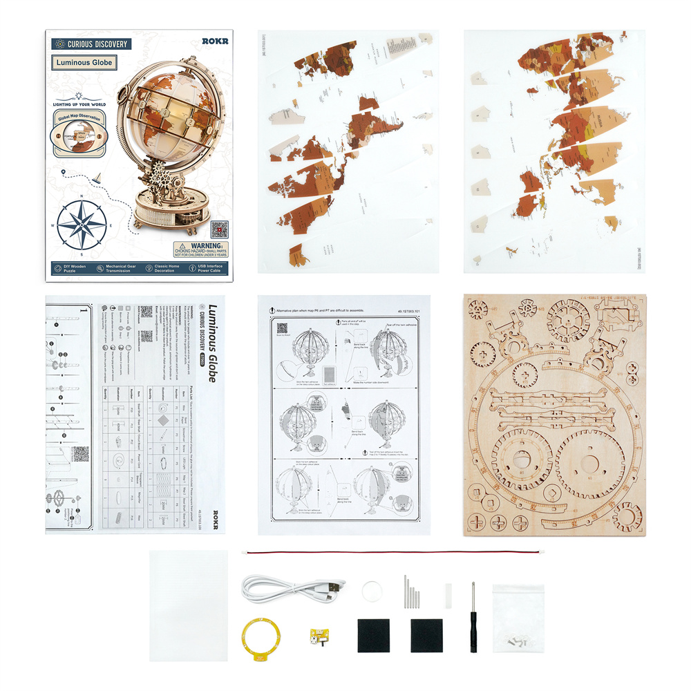 Collection of educational materials including a globe model kit, maps, and assembly instructions on a white background.