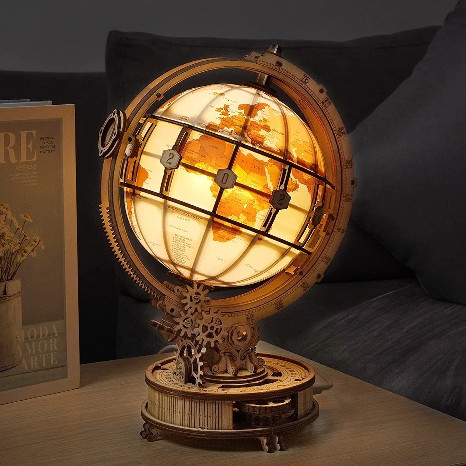 Decorative globe lamp with gears.
