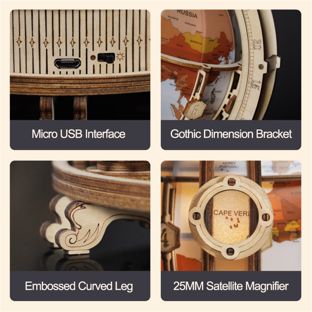 Four product features with corresponding labels on a beige background