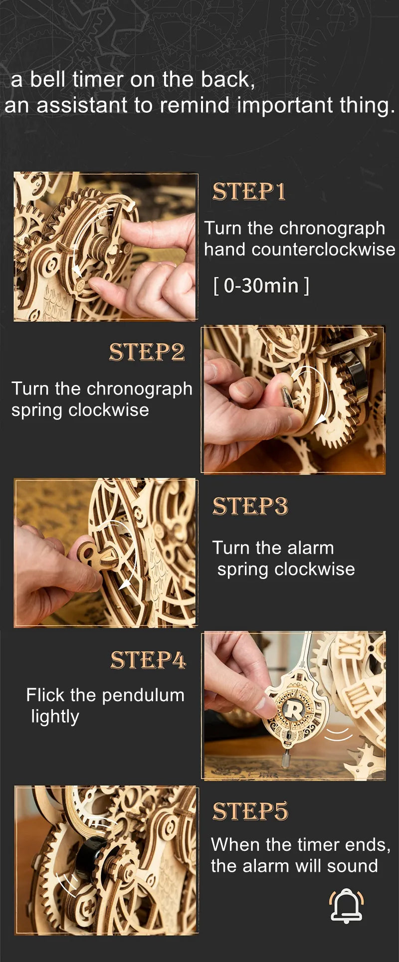 Instructions for setting a bell timer with step-by-step images and text.