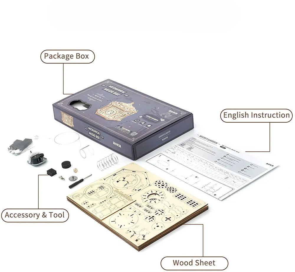 Unboxing of a wooden puzzle kit with packaging, accessories, tool, and instructions.