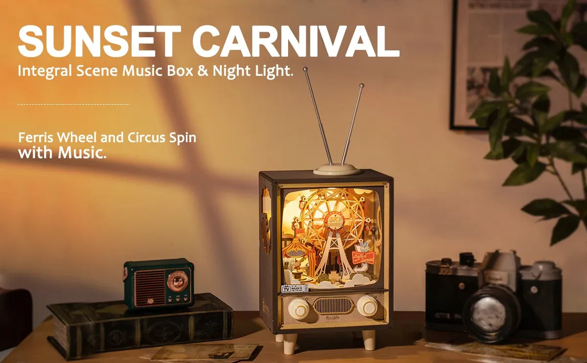 Vintage-style music box with Ferris wheel design, surrounded by retro equipment and a plant.