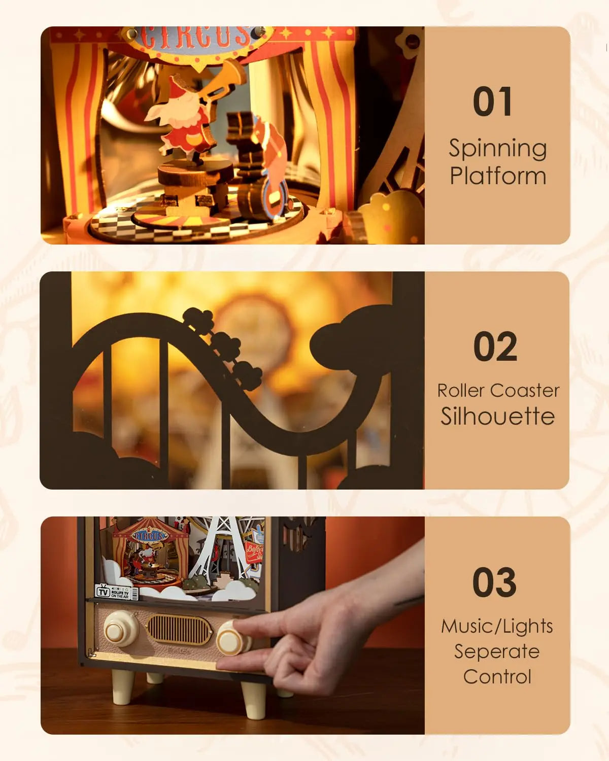 Toy music box with spinning platform, roller coaster silhouette, and separate control for music and lights.