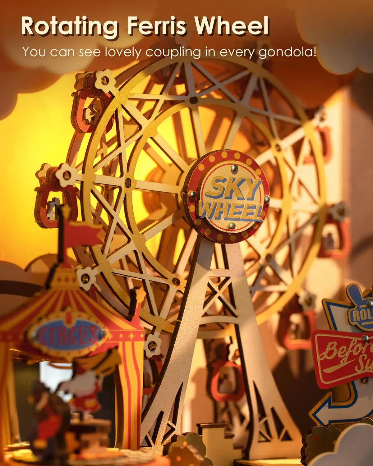 Model of a Ferris wheel with 'Sky Wheel' branding against a warm-toned background.