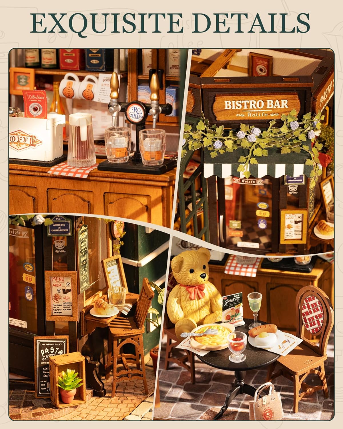 Collage of a miniature bistro bar setup with detailed furniture and decor.