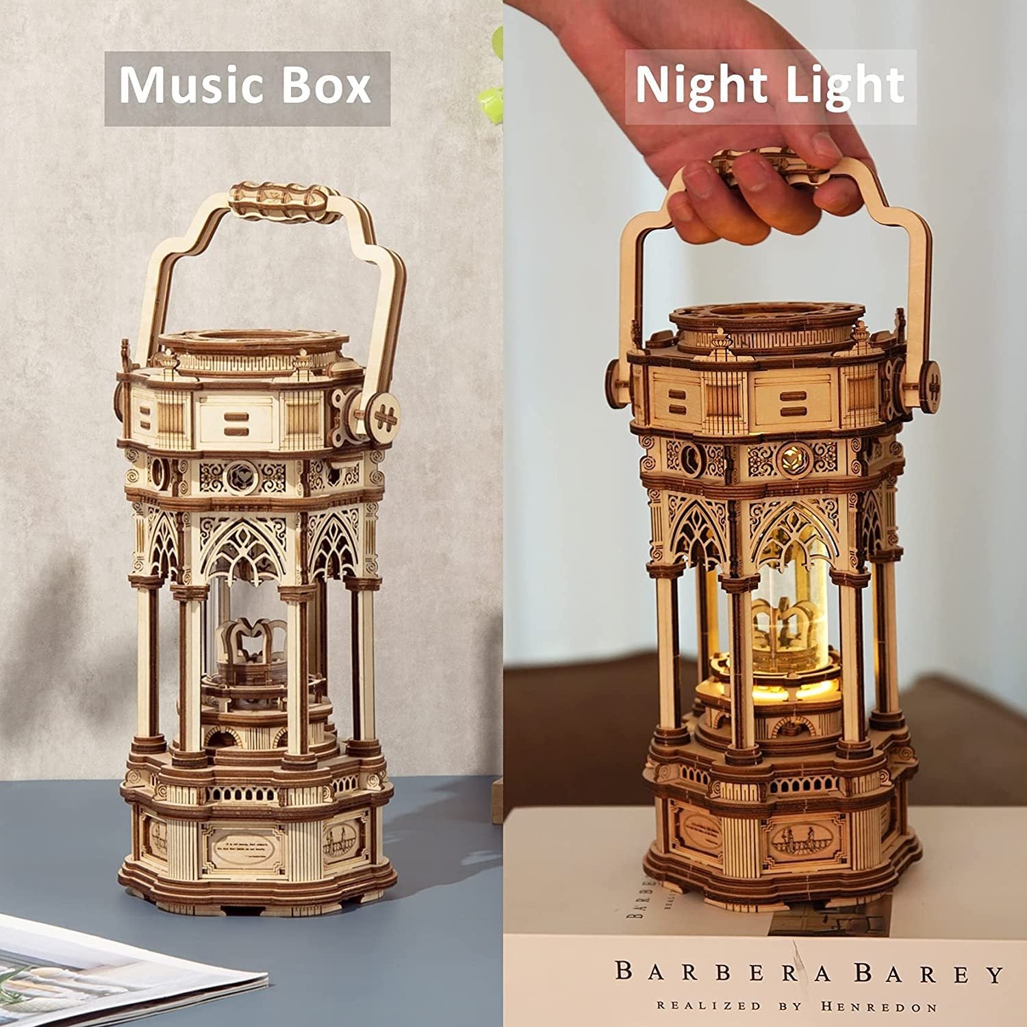 Wooden music box and night light comparison