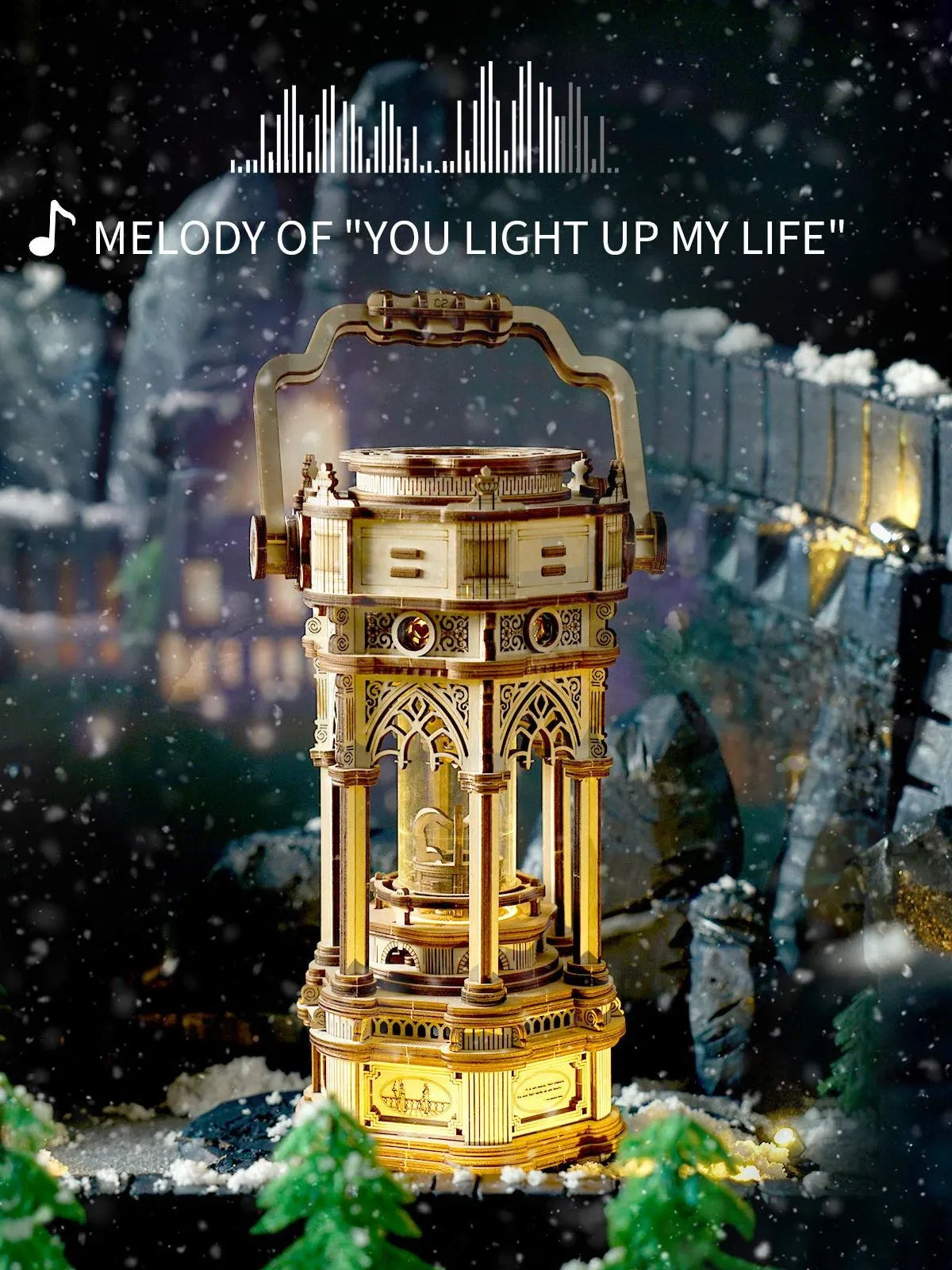 Decorative golden lantern with a snowy cityscape background and text overlay.